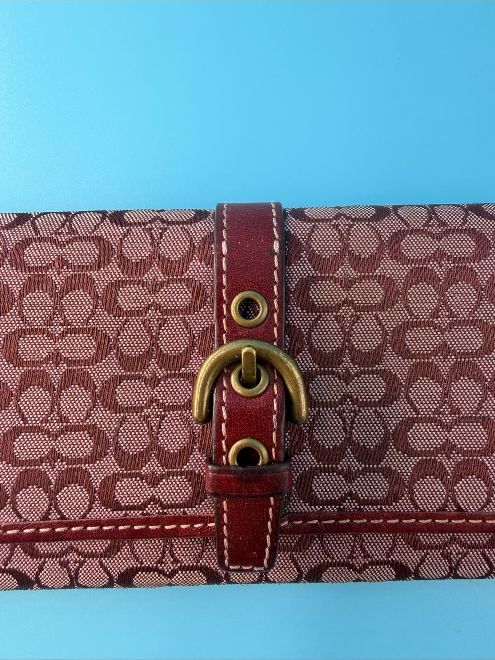 Coach 90s Y2K Vintage Signature Logo Jacquard Print Burgundy Leather Bill Wallet - Picture 2 of 9